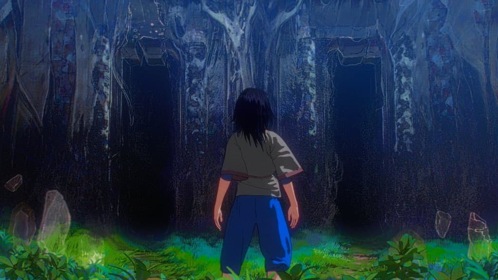 Main character of White Rabbit in front of 2 doorways
