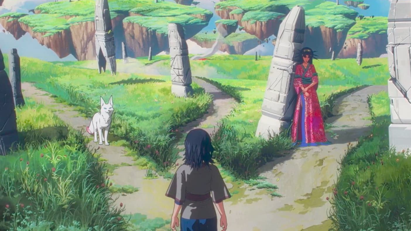 main character of White Rabbit in front of a road that splits in 3